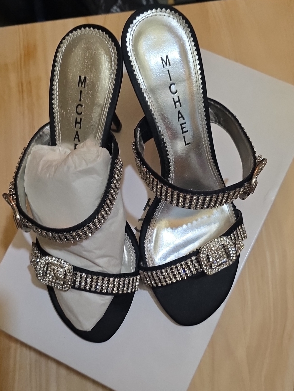 B2 Michaels Black Satin Heeled Sandals with Rhinestone Straps
